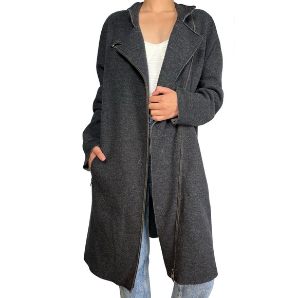 EILEEN FISHER Womens S Merino Wool Long Jacket Gray Open Front Asymmetric Zip - Picture 1 of 16
